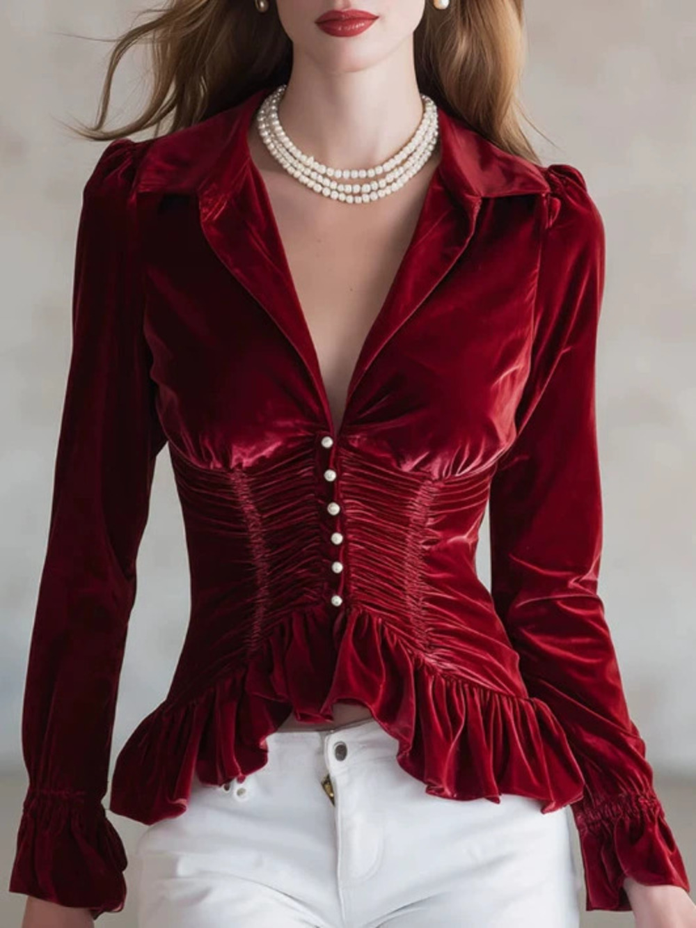 Early Spring Fashion Retro Red Velvet Pleated Long Sleeve Blouse